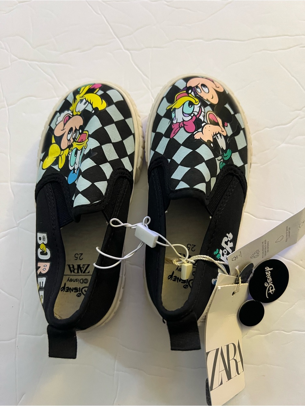 NWT Zara Disney Slip-On Sneakers in Black w/ Multicolor Character Print Size 25